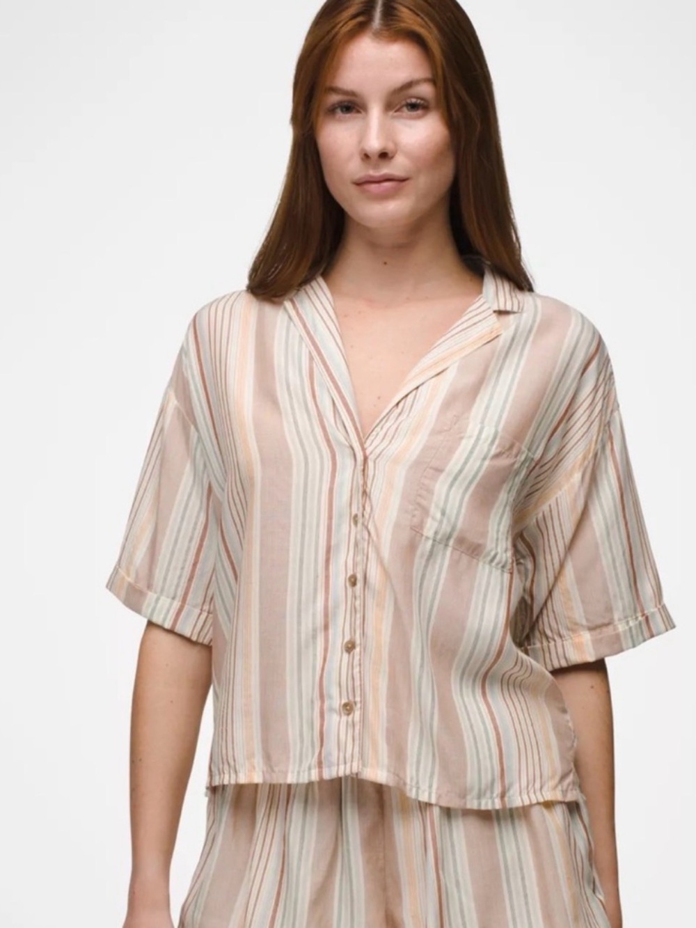 Prana Iguala Striped Button-Front Short Sleeve Top, Medium, NWT